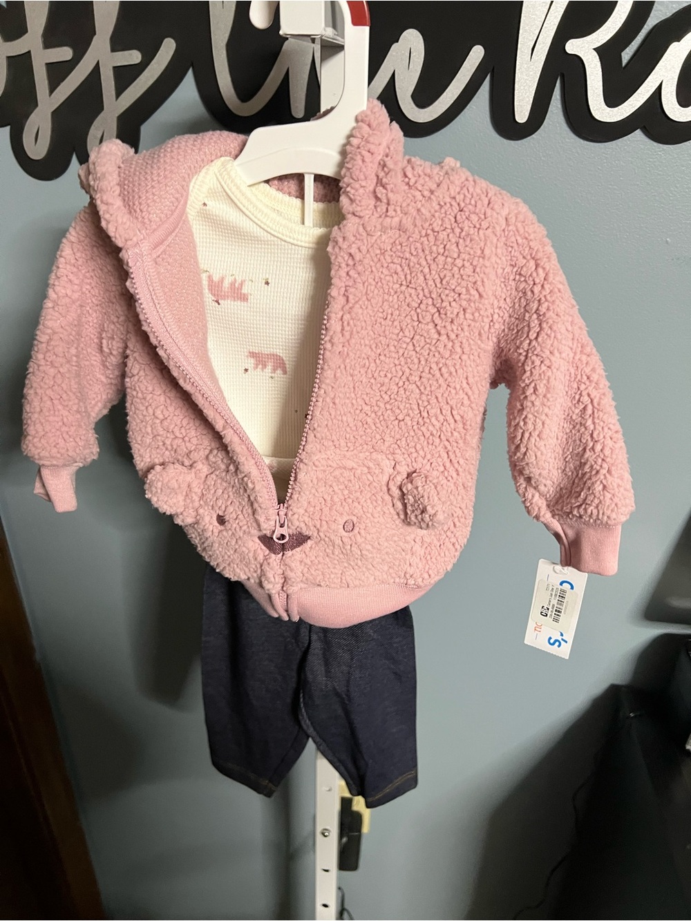 Pink Sherpa Bear Jacket Onesie and Legging 3 piece Set 6 months